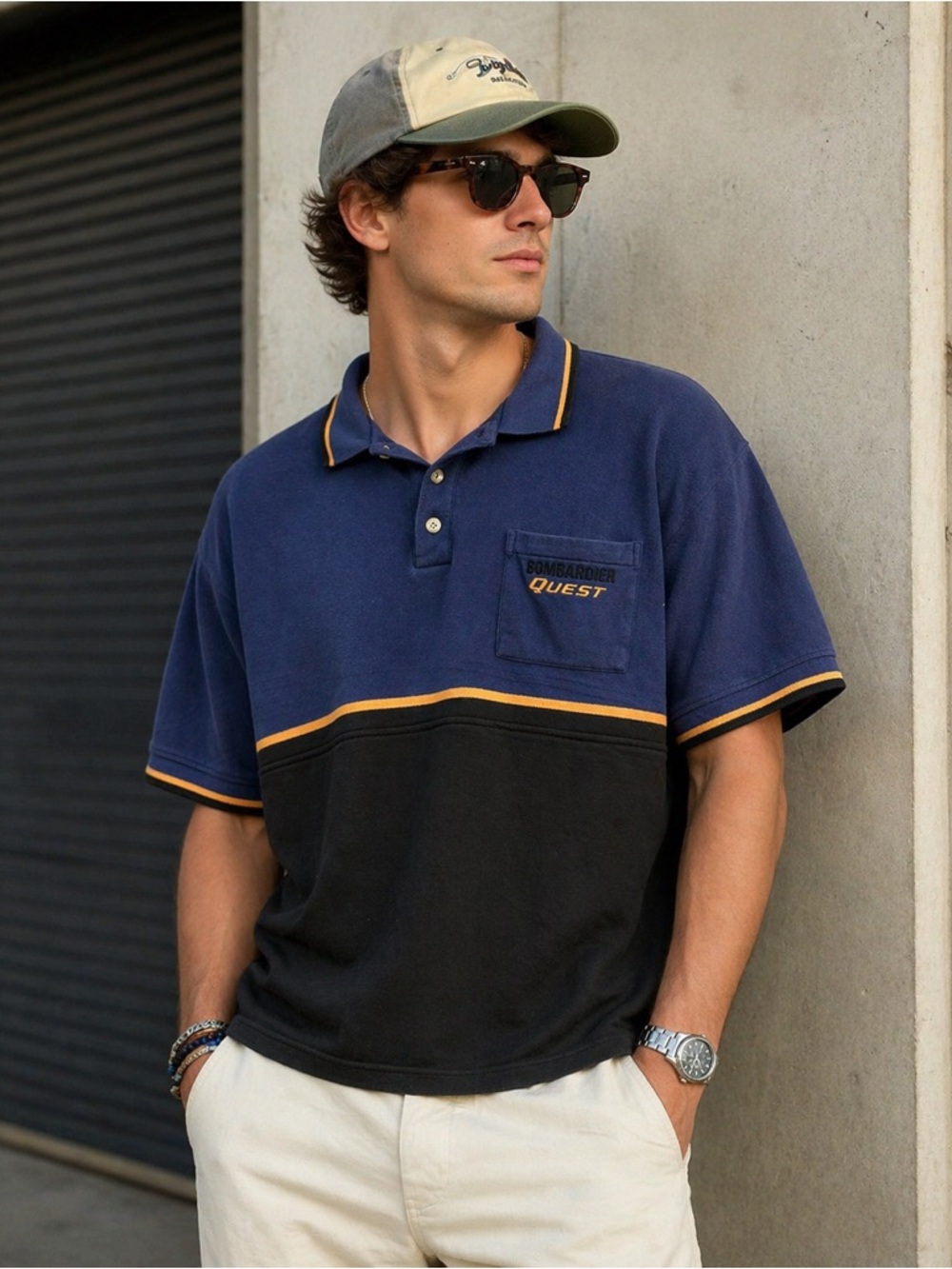 Vintage Bombardier Quest Polo Shirt Blue Black Colorblock Workwear Mens